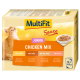 Eine Box mit MultiFit Junior Hühner-Mix Katzenfutter mit einem verspielten orangefarbenen Kätzchen, mit Geschmacksrichtungen von Huhn, Ente, Geflügel und Truthahn.