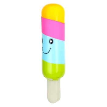 Bunt gestreiftes, popsicle-förmiges Hundespielzeug mit lächelndem Gesicht und weißem Stielgriff.