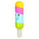 Bunt gestreiftes, popsicle-förmiges Hundespielzeug mit lächelndem Gesicht und weißem Stielgriff.