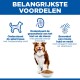 Hond met kom brokjes en tekst in het Nederlands die voordelen benadrukt: ondersteunt spiermassa, hart- en niergezondheid, en bevordert een gezonde huid en vacht.