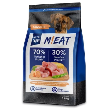Hundefutterverpackung mit 'NUTRI QM M!EAT' mit 70 % tierischem Protein und 30 % pflanzlichem Protein, als sensitive Formel gekennzeichnet, 1,4 kg.