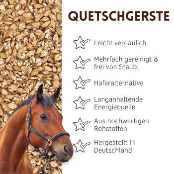 Nahaufnahme von Pferdefutter Quetschgerste mit Pferdekopf und deutschem Text, der Vorteile wie leichte Verdauung und langanhaltende Energie aufzählt.