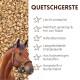 Nahaufnahme von Pferdefutter Quetschgerste mit Pferdekopf und deutschem Text, der Vorteile wie leichte Verdauung und langanhaltende Energie aufzählt.
