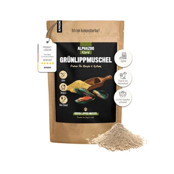 Verpackung von ALPHAZOO Care Grünlippmuschel, einem Haustier-Nahrungsergänzungsmittel, mit einem schwarzen Etikett mit Symbolen für Vorteile und dem Text "Ich bin kompostierbar!"