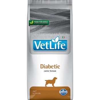 VetLife Diabetiker-Hundefutter, 2 kg Beutel, mit einer Silhouette eines Hundes und einem grünen Etikett mit der Aufschrift "Futter für Hunde."