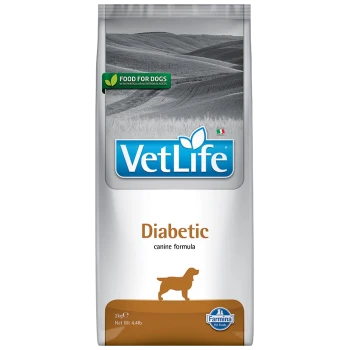 Karma dla psów VetLife Diabetic w formule, 2 kg, z sylwetką psa i zieloną etykietą z napisem "Food for Dogs."