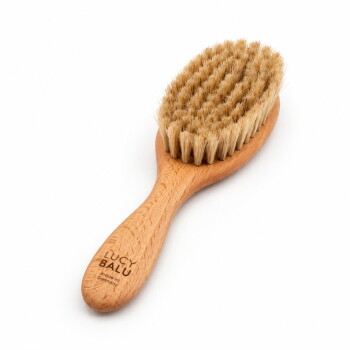 Eine Holz-Haustierpflegebürste mit weichen Borsten, mit einem runden Kopf und einem ergonomischen Griff, auf einem weißen Hintergrund platziert.