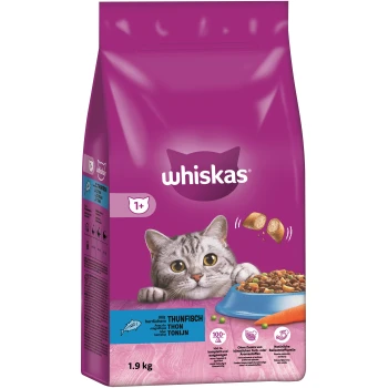 1+ Adult Thunfisch 1,9 kg Whiskas Katzenfutterbeutel mit einer grauen Katze mit großen Augen, einer blauen Schüssel mit Trockenfutter und Text, der den Thunfischgeschmack und 1,9 kg hervorhebt.