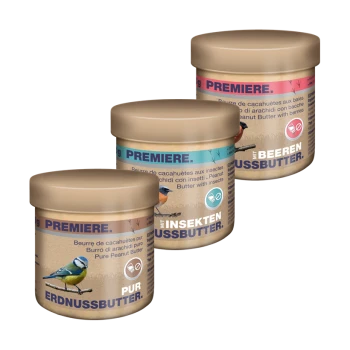 Drei Gläser Vogel-Erdnussbutter: "Pur", "Mit Insekten" und "Mit Beeren", jedes mit einer Vogelillustration.