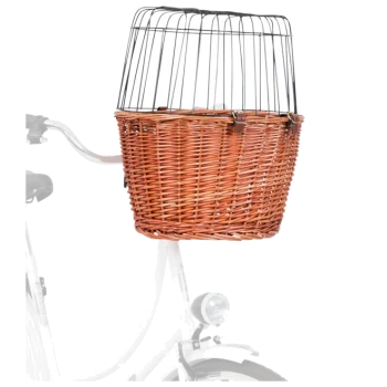 Ein Korb aus Rattan für Fahrräder mit einem Metallgitter, entworfen zum Transport von Haustieren, der an den Lenker eines Fahrrads angebracht ist.