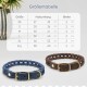 Deutsche Haustierhalsband-Größentabelle (XS bis XXL) mit Hals- und Breitenmaßen, mit blauen und braunen geflochtenen Designs.