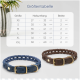 Deutsche Haustierhalsband-Größentabelle (XS bis XXL) mit Hals- und Breitenmaßen, mit blauen und braunen geflochtenen Designs.