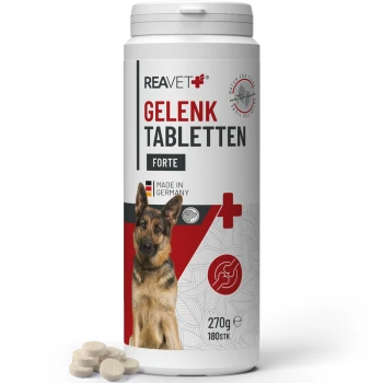 Behälter mit REAVET Gelenk Tabletten Forte für Hunde, mit einem Deutschen Schäferhund auf dem Etikett, mit 270g und 180 Tabletten angegeben.