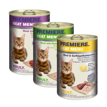 Trois boîtes de nourriture pour chats "Premiere Meat Menu" avec des chats tigrés, présentant du bœuf avec de la volaille, du poulet et un mélange de bœuf et de volaille.