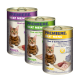 Drei Dosen Katzenfutter "Premiere Meat Menu" mit getigerten Katzen, mit Rindfleisch und Geflügel, Hähnchen und einer Rindfleisch- und Geflügelmischung.