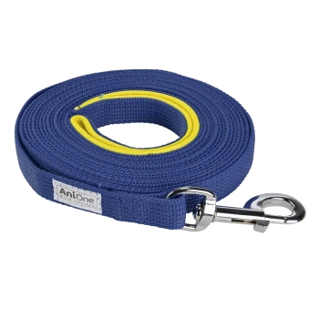 Blue pet leash with a yellow inner lining and a silver metal clip, featuring the AniOne logo on a white label.