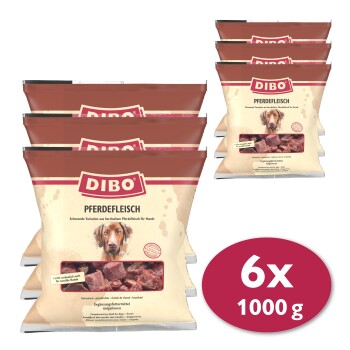 DIBO Pferdefleisch-Hundefutter, mit sechs 1000g Beuteln, das natürliches Pferdefleisch mit Fokus auf empfindliche Hunde hervorhebt.