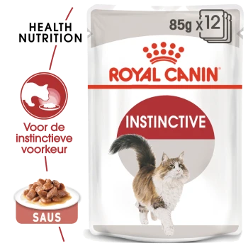 Royal Canin Instinctive kattenvoer zakje, 85g x 12, met een fluffy kat en een kom nat voedsel, met tekst in het Nederlands.
