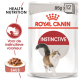 Royal Canin Instinctive kattenvoer zakje, 85g x 12, met een fluffy kat en een kom nat voedsel, met tekst in het Nederlands.