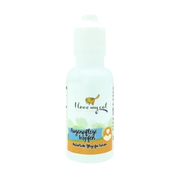 Flasche mit "Ich liebe meine Katze" Augenpflege-Tropfen, beschriftet mit "Augenpflege Tropfen" mit einer Beschreibung der natürlichen Pflege für Katzen.