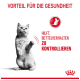 Eine verspielte graue Katze steht auf ihren Hinterbeinen, mit Text auf Deutsch, der sagt: "Vorteil für die Gesundheit" und "Hilft, Bettelverhalten zu kontrollieren."
