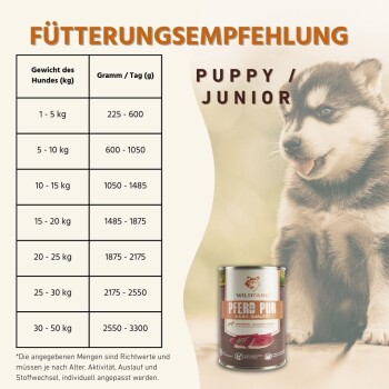 Poster mit dem Titel „Fütterungsempfehlung“ mit Tabelle Gewicht/Gramm, Welpenfoto, Text „PUPPY / JUNIOR“ und Wildfang „PFERD PUR“-Hundefutterdose.