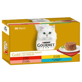 Packung mit Purina Gourmet Gold Katzenfutter mit vier 85g Dosen, mit den Geschmacksrichtungen: Rind, Huhn, Lachs und Thunfisch.