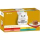 Packung mit Purina Gourmet Gold Katzenfutter mit vier 85g Dosen, mit den Geschmacksrichtungen: Rind, Huhn, Lachs und Thunfisch.