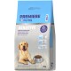 Blue-gray dog food bag labeled "PREMIERE I ♥ my dog" — SENSITIVE, Rich in Salmon & Rice, ADULT, 12kg; photo of dog with bowl