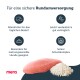 Hundefutter-Werbung, die rosa Fleisch und Reis zeigt und tägliche Ernährung, Verdaulichkeit und Eignung für empfindliche Hunde betont.