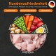 Tierfutterprodukt mit frischem Truthahn in einer Schale, umgeben von Erbsen, Karotten, Äpfeln, Kartoffeln und Kokosnussöl. Enthält "Kundenzufriedenheit" und mehr.