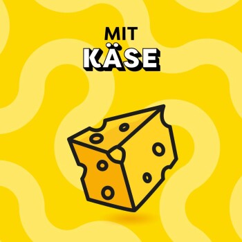 Gelber Hintergrund mit einem Cartoon-Käsekeil und dem deutschen Text „MIT KÄSE“.
