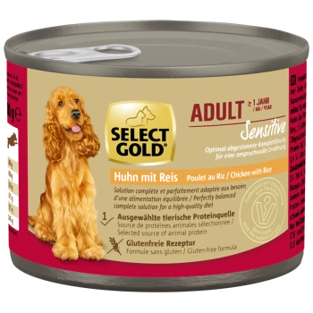 Select Gold Adult Sensitive Hundefutterdose mit Huhn- und Reisgeschmack, glutenfrei, mit Bild eines Golden Retrievers.