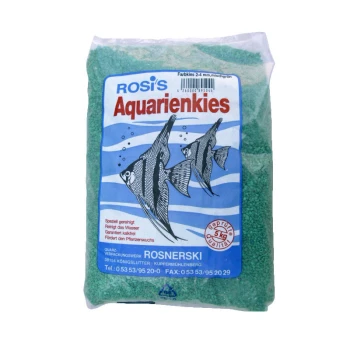 Gravier d'aquarium vert dans un sac de 5 kg, étiqueté "Rosi's Aquarienkies", avec des illustrations de poissons et de vagues d'eau.