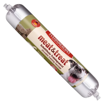 Silberne, folienverpackte Rolle mit der Aufschrift 'meat&treat', schneidbare Trainingswurst für Hunde (FLEISCHESLUST) mit Foto eines glücklichen Hundes.