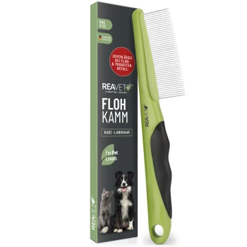 Grüner Flohkamm für Haustiere, beschriftet mit "REAVET care me FLOH KAMM", mit einem Hund und einer Katze auf der Verpackung, entworfen für kurz- und langhaarige Tiere.