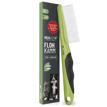 Grüner Flohkamm für Haustiere, beschriftet mit "REAVET care me FLOH KAMM", mit einem Hund und einer Katze auf der Verpackung, entworfen für kurz- und langhaarige Tiere.