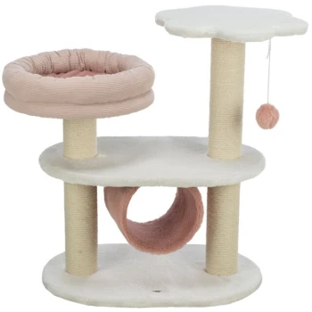 Katzenbaum mit zwei Plattformen, einem gemütlichen rosa Bett, einem Kratzbaum und einem baumelnden Pom-Pom-Spielzeug, alles in sanften Creme- und Rosatönen.