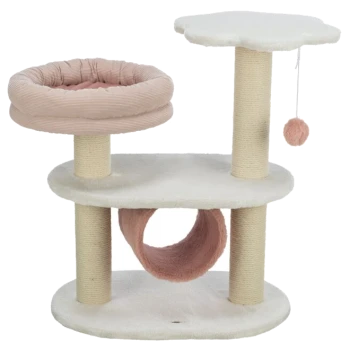 Katzenbaum mit zwei Plattformen, einem gemütlichen rosa Bett, einem Kratzbaum und einem baumelnden Pom-Pom-Spielzeug, alles in sanften Creme- und Rosatönen.