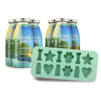 Sechs bunte "Smoothie Dog" Flaschen mit der Aufschrift "Trinkpause" und "Erfrischt Jeden Hund," neben einer grünen Silikonform mit Knochen- und Sternformen.