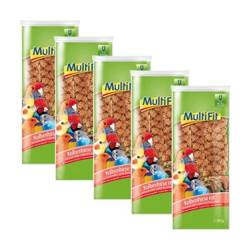 Fünf Pakete MultiFit Kolbenhirse Vogelfutter, mit bunten Vögeln auf der Vorderseite, jedes wiegt 80 g.