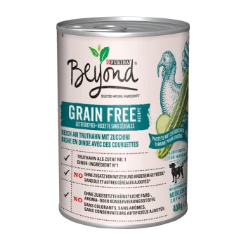 Dosen-Hundefutter mit der Aufschrift "Purina Beyond Grain Free Recipe", mit Truthahn und Zucchini, 400g, ohne künstliche Farben oder Konservierungsstoffe.