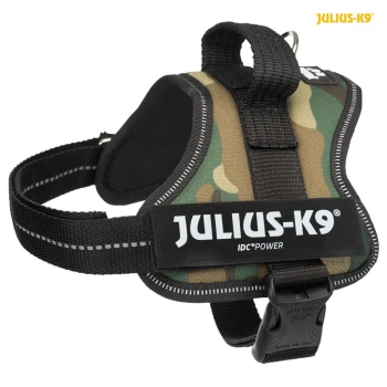 Trixie Julius K-9 Harness green M A camouflage dog harness with a black strap, featuring the brand name "JULIUS-K9" and "IDC POWER" on a prominent label.