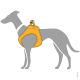 Illustration eines grauen Hundes mit einem leuchtend gelben Geschirr, das sein Design und seine Passform zeigt.