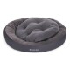 Rundes, plüschiges Hundebett in Dunkelgrau mit einem gepolsterten Zentrum und einem weichen äußeren Rand, mit dem Logo "Doctor Bark".