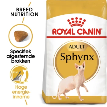 Royal Canin Sphynx Adult kattenvoer zak met een illustratie van een Sphynx kat, met tekst die de voeding voor het ras en hoge energie-inname benadrukt.