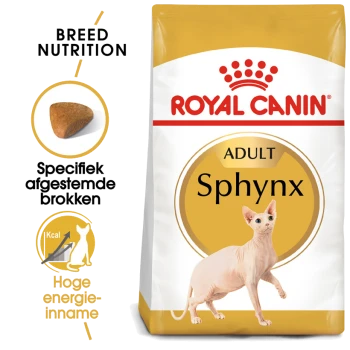 Royal Canin Sphynx Adult kattenvoer zak met een illustratie van een Sphynx kat, met tekst die de voeding voor het ras en hoge energie-inname benadrukt.