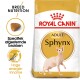 Royal Canin Sphynx Adult kattenvoer zak met een illustratie van een Sphynx kat, met tekst die de voeding voor het ras en hoge energie-inname benadrukt.