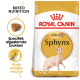 Royal Canin Sphynx Adult kattenvoer zak met een illustratie van een Sphynx kat, met tekst die de voeding voor het ras en hoge energie-inname benadrukt.