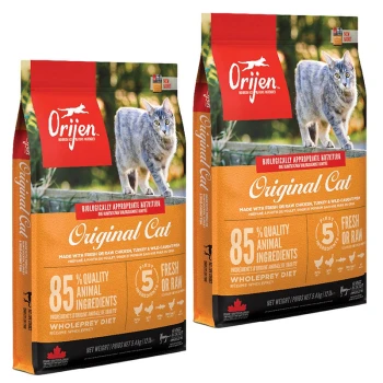 Zwei Tüten Orijen Original Katzenfutter mit einer grauen Katze auf der Vorderseite, die "85% hochwertige tierische Zutaten" und "Wholeprey-Diät" hervorhebt.